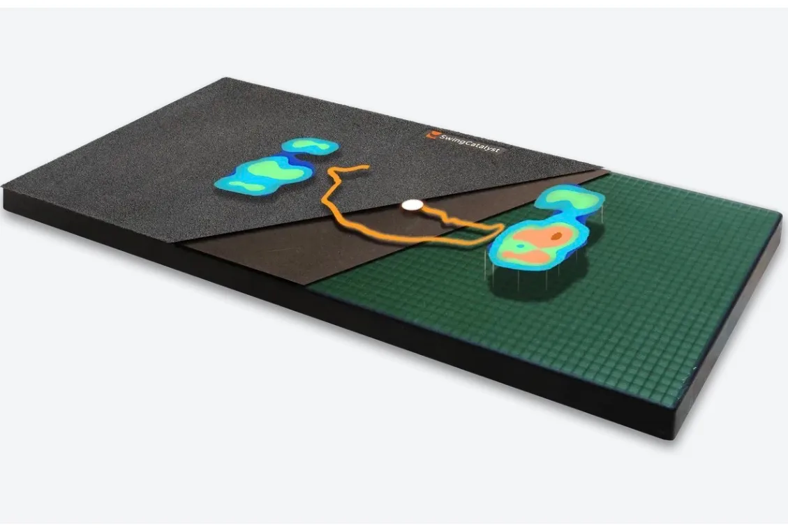 Swing Catalyst pressure plate with a 3D pressure-map overlay of a golf swing